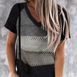 NWOT Black/Gray Stripe Print Knitted V Neck Top